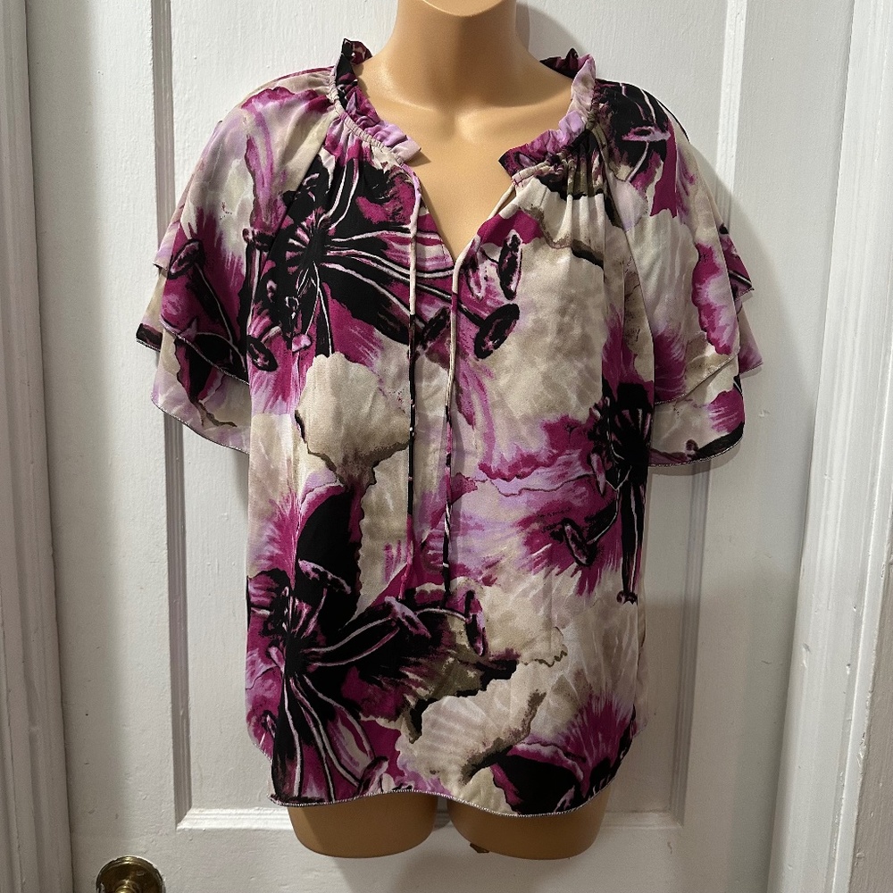 Kaari Blue Purple Floral Short‎ Sleeve Blouse in S